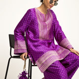 Sitara-Dotted Silk Kurta set with Benerasi Brocade weave border details (Purple)