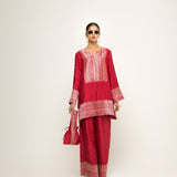 Sitara-Dotted Silk Kurta set with Benerasi Brocade weave border details (Red)