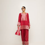 Sitara-Dotted Silk Kurta set with Benerasi Brocade weave border details (Red)