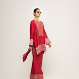 Sitara-Dotted Silk Kurta set with Benerasi Brocade weave border details (Red)