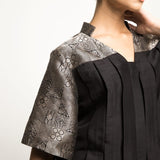 Suri-Brocade detail box pleated Silk Top with Skirt set (Black)