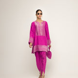 Tara-Dotted Brocade detail silk Kurta with dhoti set (Pink)