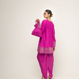 Tara-Dotted Brocade detail silk Kurta with dhoti set (Pink)