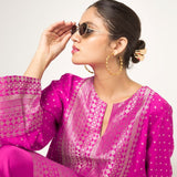 Tara-Dotted Brocade detail silk Kurta with dhoti set (Pink)