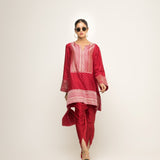 Tara-Dotted Brocade detail silk Kurta with dhoti set (Red)