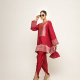 Tara-Dotted Brocade detail silk Kurta with dhoti set (Red)