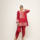 Tara-Dotted Brocade detail silk Kurta with dhoti set (Red)