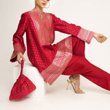 Tara-Dotted Brocade detail silk Kurta with dhoti set (Red)