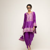 Tara-Dotted Brocade detail silk Kurta with dhoti set (Purple)