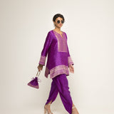 Tara-Dotted Brocade detail silk Kurta with dhoti set (Purple)