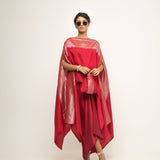 Devi-Statement Silk Cape with Brocade detail and Skirt set (Red)