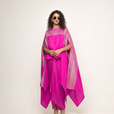 Devi-Statement Silk Cape with Brocade detail and Skirt set (Pink)