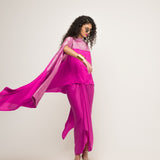 Devi-Statement Silk Cape with Brocade detail and Skirt set (Pink)