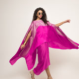 Devi-Statement Silk Cape with Brocade detail and Skirt set (Pink)