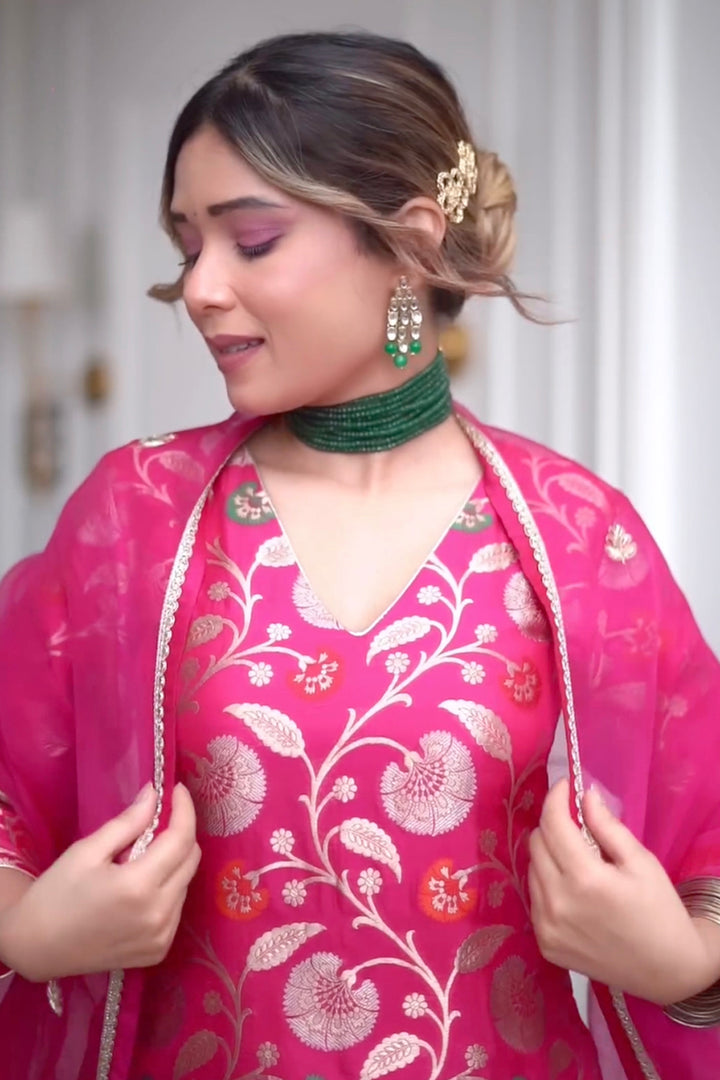 Riya Jain In Our Pink Floral Jaal Brocade Kurta Set