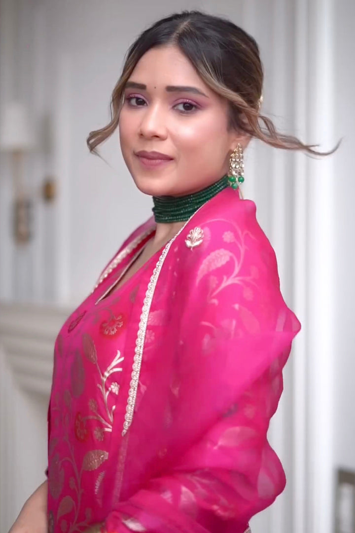 Riya Jain In Our Pink Floral Jaal Brocade Kurta Set