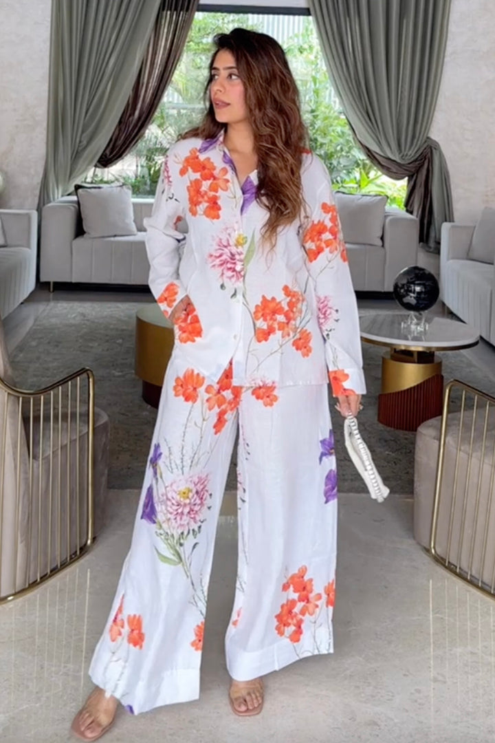 Mehal In Our White Iris Linen Co-ord Set