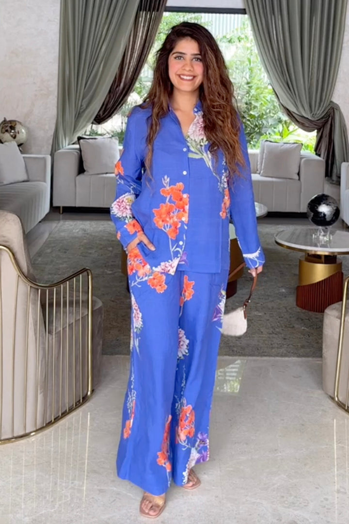 Mehal In Our Blue Iris Floral Linen Co-ord Set