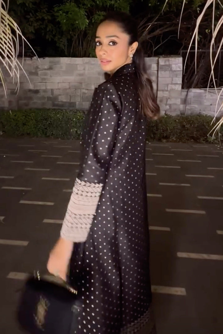 Smriddhi Sibal In Our Alaya-Brocade Trench Jacket Paired With Matching Twist Dress (Black)