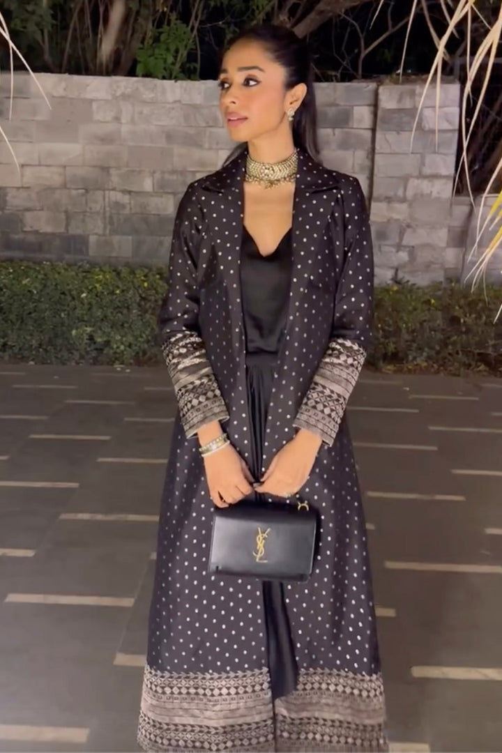 Smriddhi Sibal In Our Alaya-Brocade Trench Jacket Paired With Matching Twist Dress (Black)