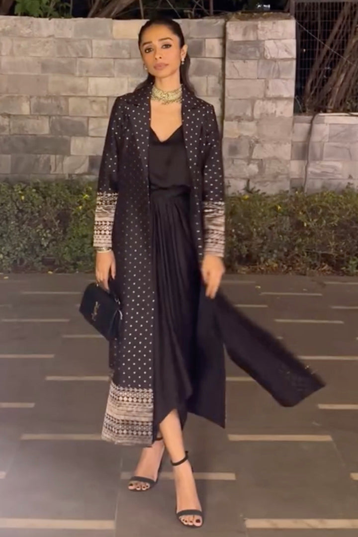 Smriddhi Sibal In Our Alaya-Brocade Trench Jacket Paired With Matching Twist Dress (Black)