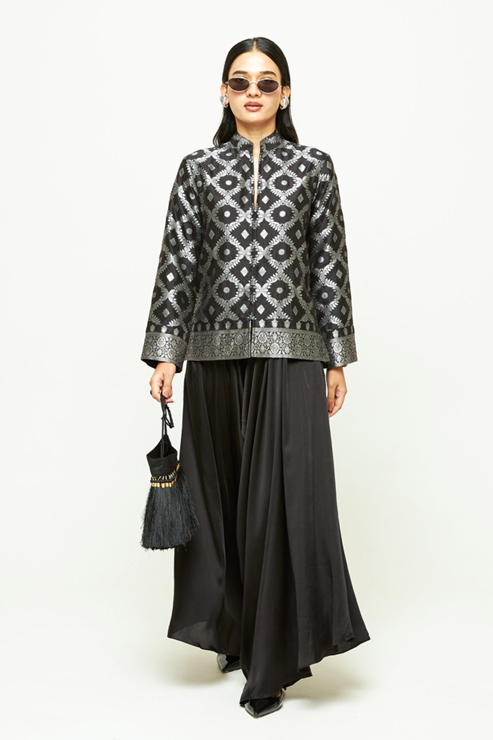 Suki Black Geometric Brocade Jacket Set