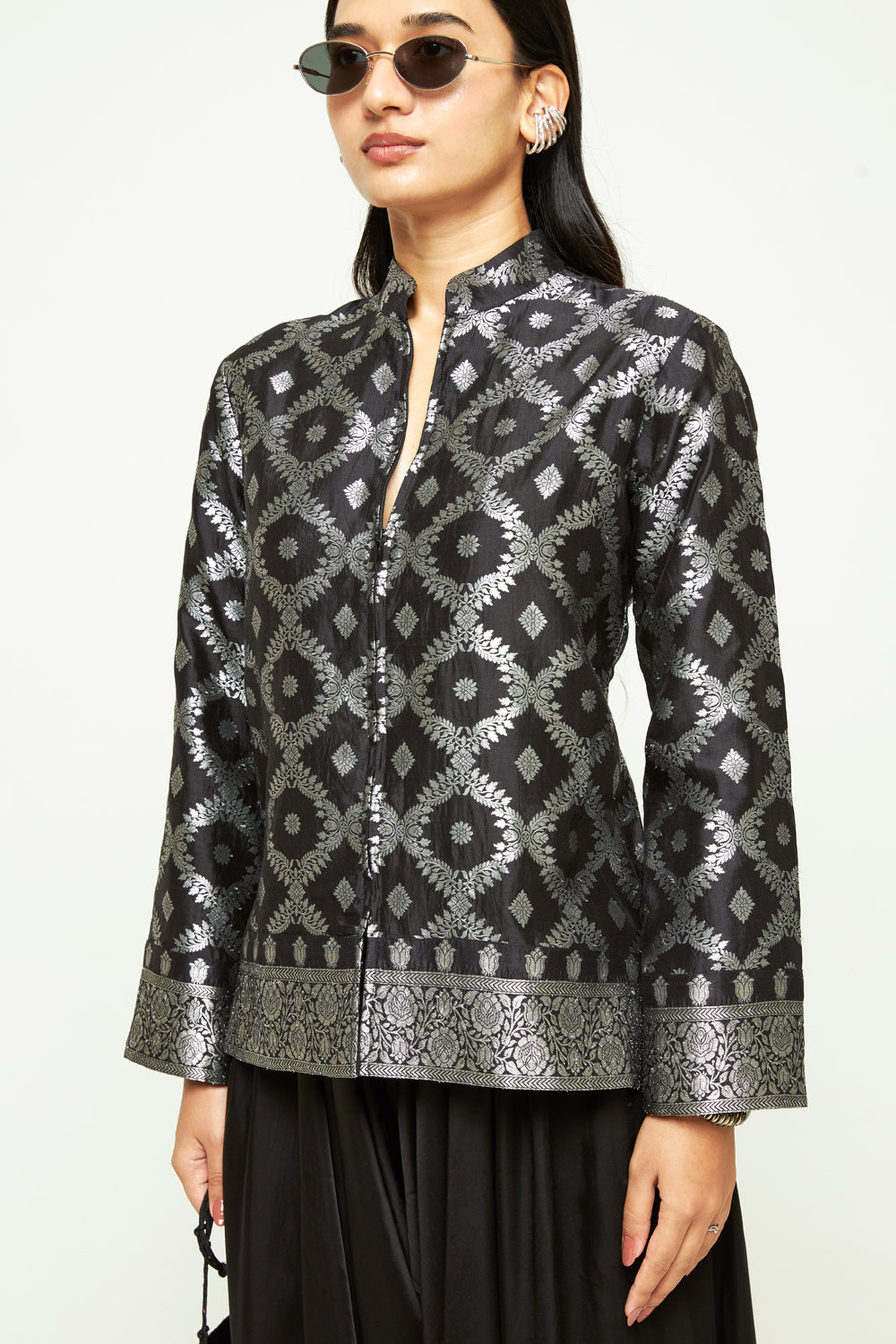 Suki Black Geometric Brocade Jacket Set
