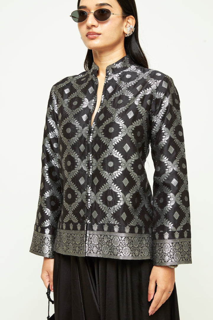 Suki Black Geometric Brocade Jacket Set