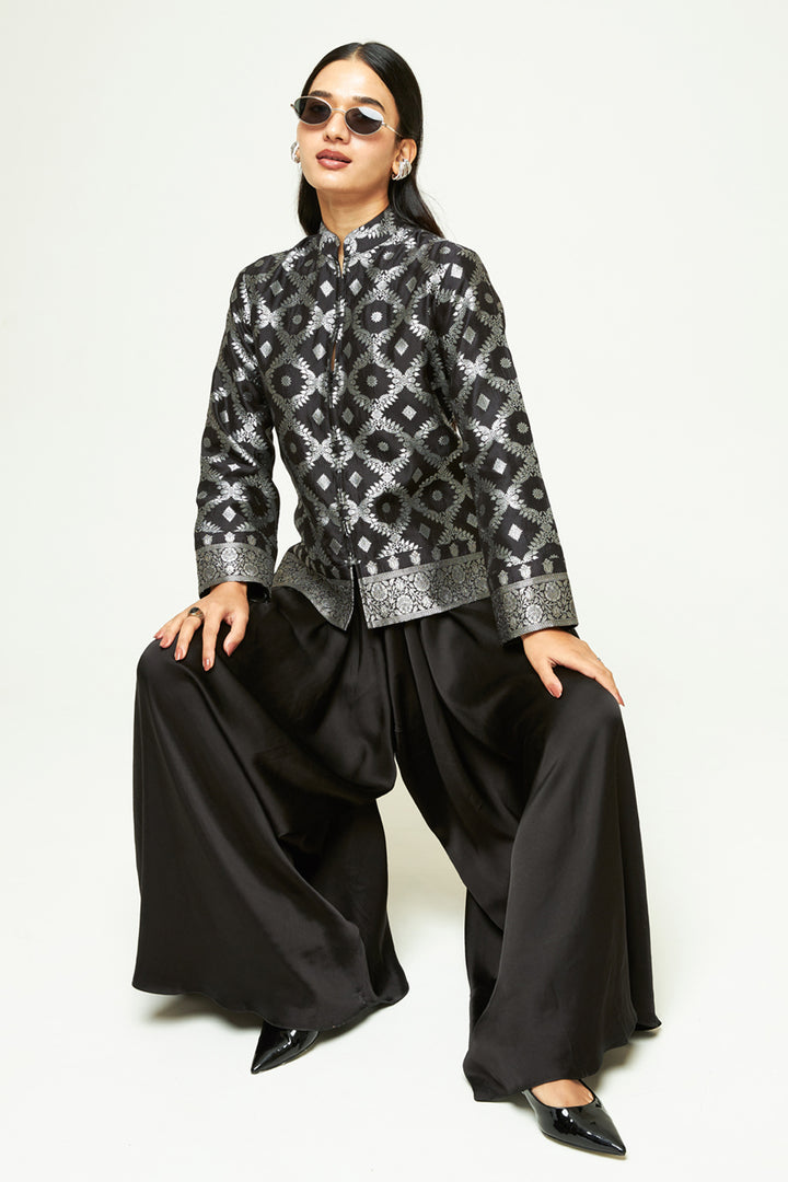 Suki Black Geometric Brocade Jacket Set