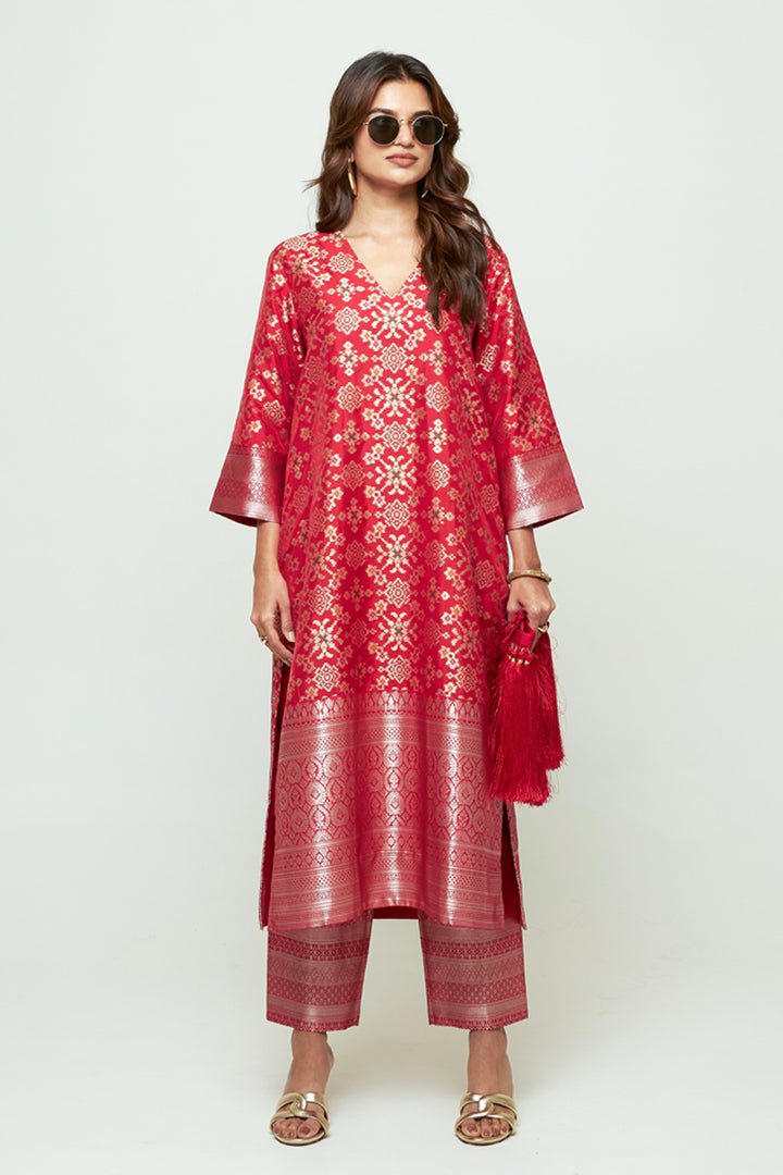 Meena Red Brocade Long Kurta Set
