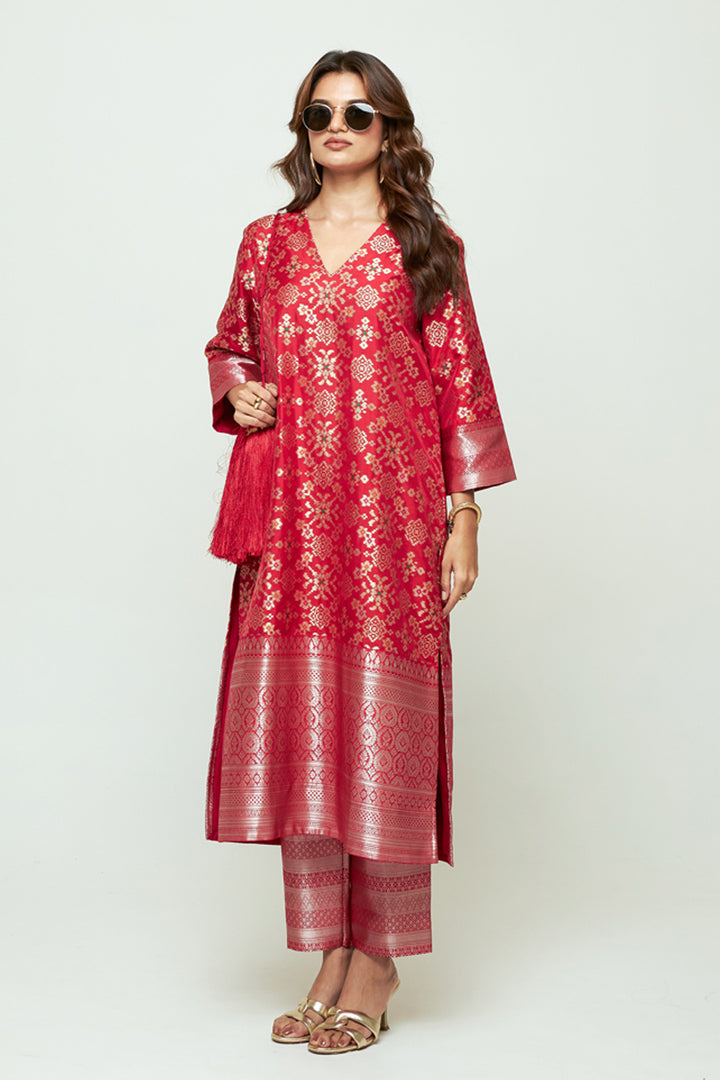 Meena Red Brocade Long Kurta Set
