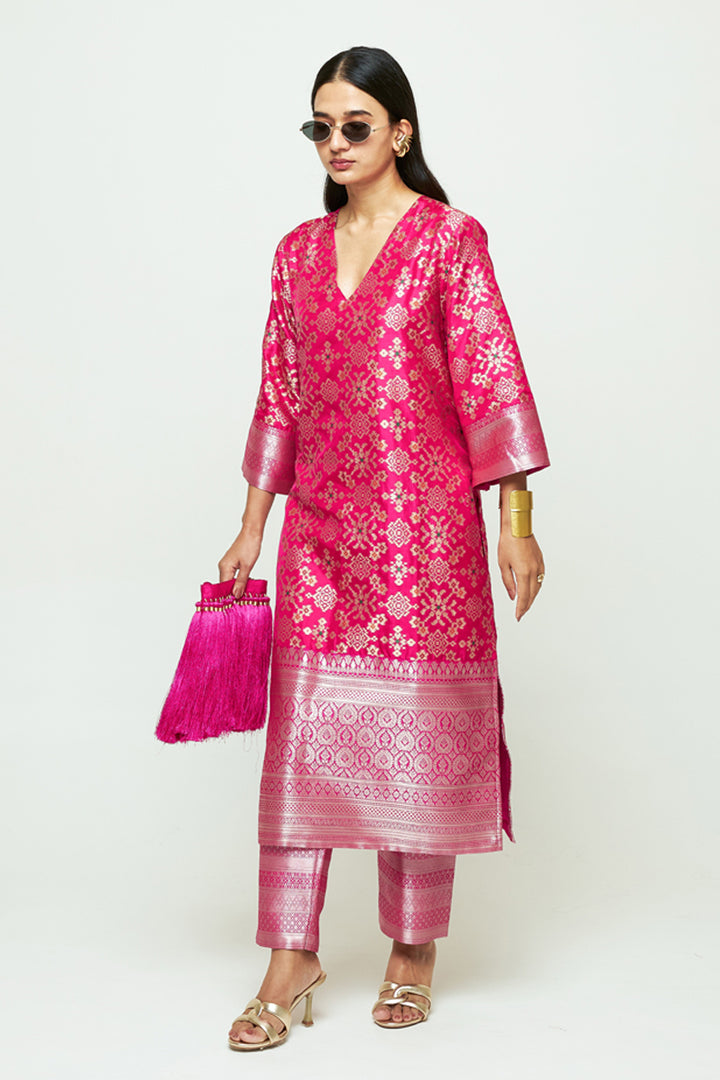 Meena Pink Brocade Long Kurta Set