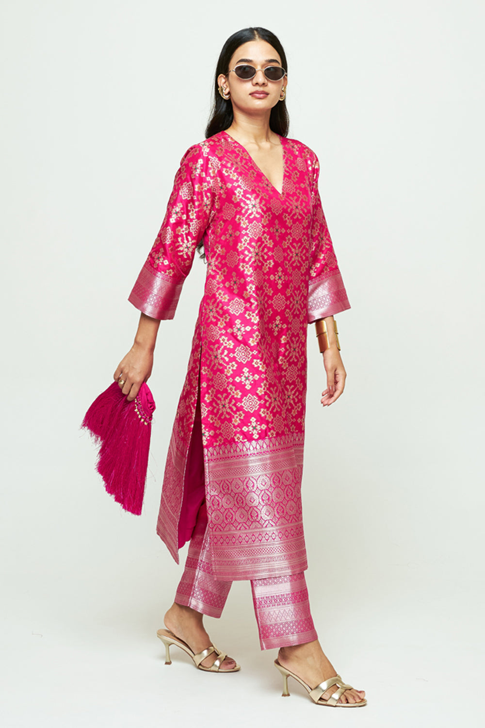 Meena Pink Brocade Long Kurta Set