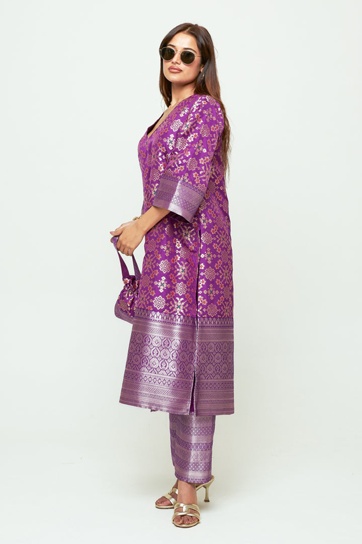 Meena Purple Brocade Long Kurta Set