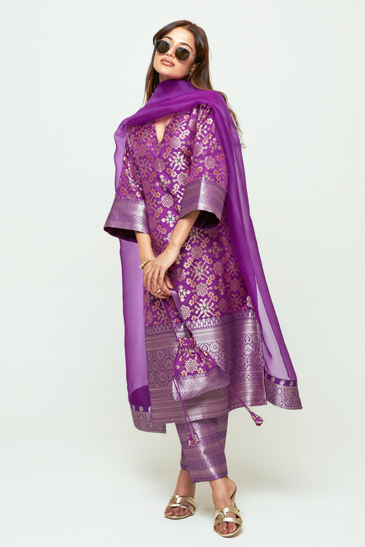 Meena Purple Brocade Long Kurta Set