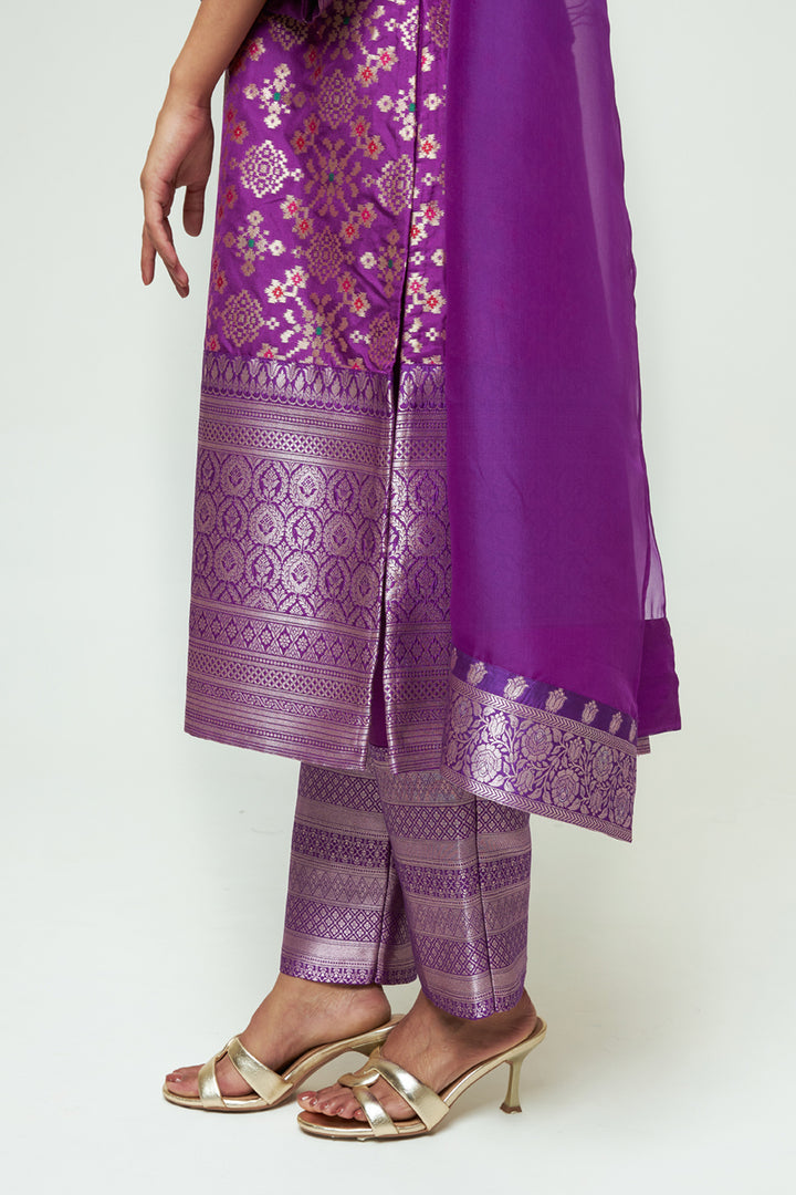 Meena Purple Brocade Long Kurta Set