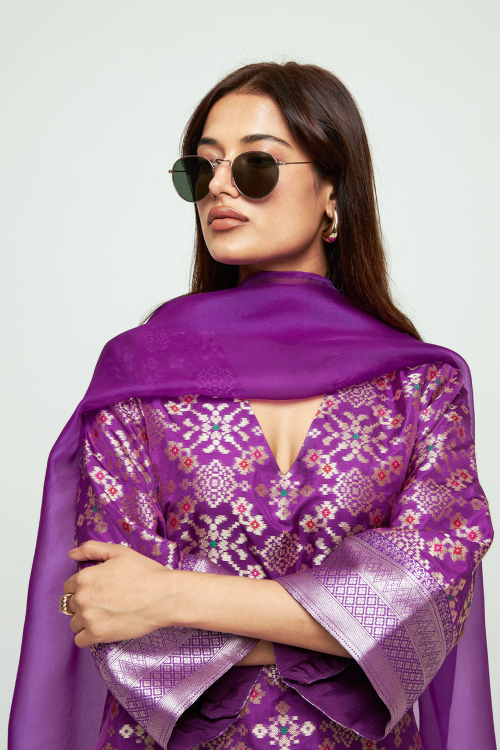 Meena Purple Brocade Long Kurta Set