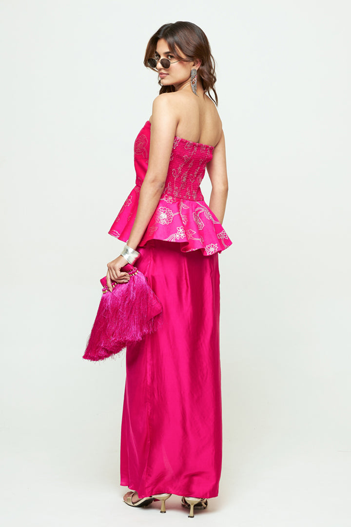 Rosa Pink Brocade Peplum Draped Skirt Set