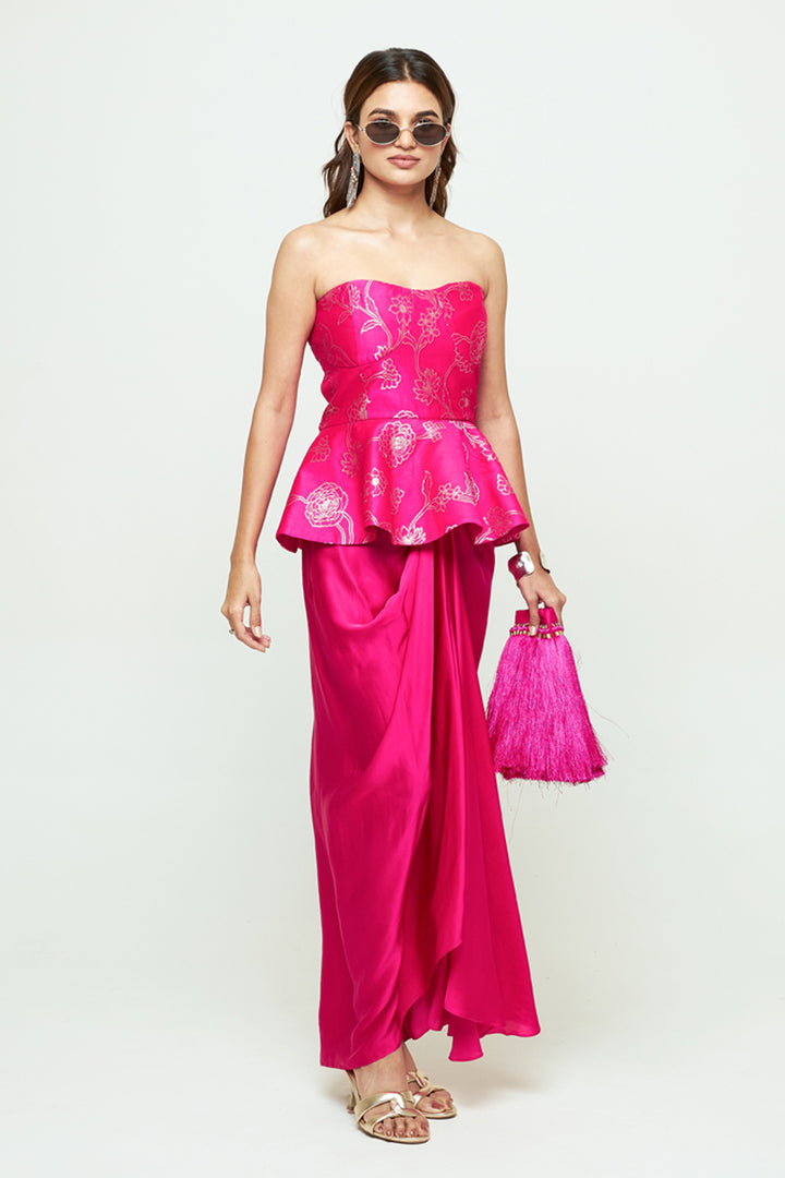Rosa Pink Brocade Peplum Draped Skirt Set