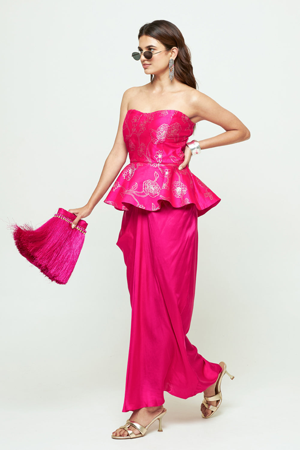 Rosa Pink Brocade Peplum Draped Skirt Set