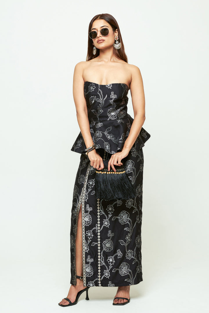 Rosa Black Brocade Peplum Skirt Set