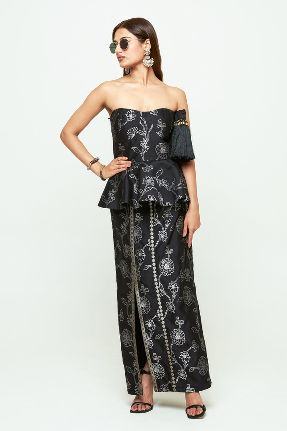 Rosa Black Brocade Peplum Skirt Set
