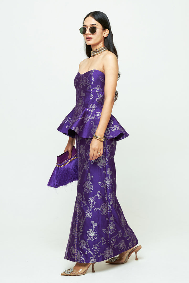 Rosa Purple Brocade Peplum Skirt Set