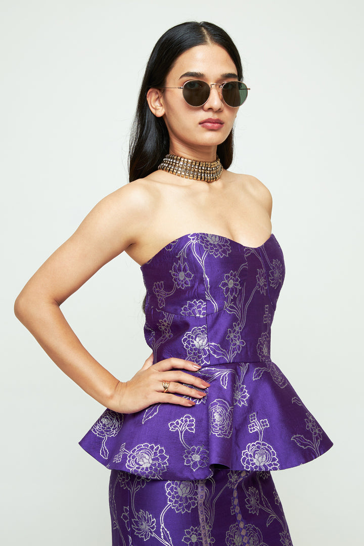 Rosa Purple Brocade Peplum Skirt Set