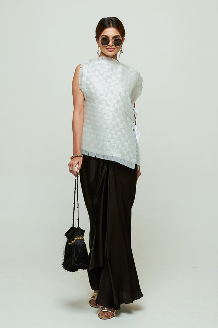 Isa Ivory Asymmetrical Textured Top Skirt Set