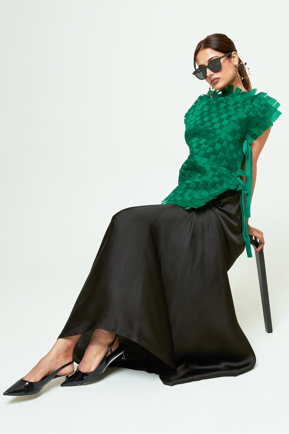 Isa Green Asymmetrical Textured Top Skirt Set