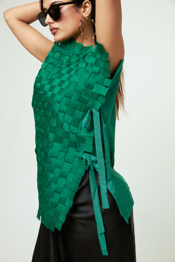 Isa Green Asymmetrical Textured Top Skirt Set