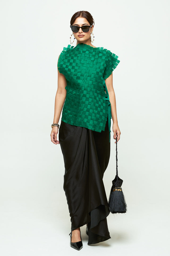 Isa Green Asymmetrical Textured Top Skirt Set