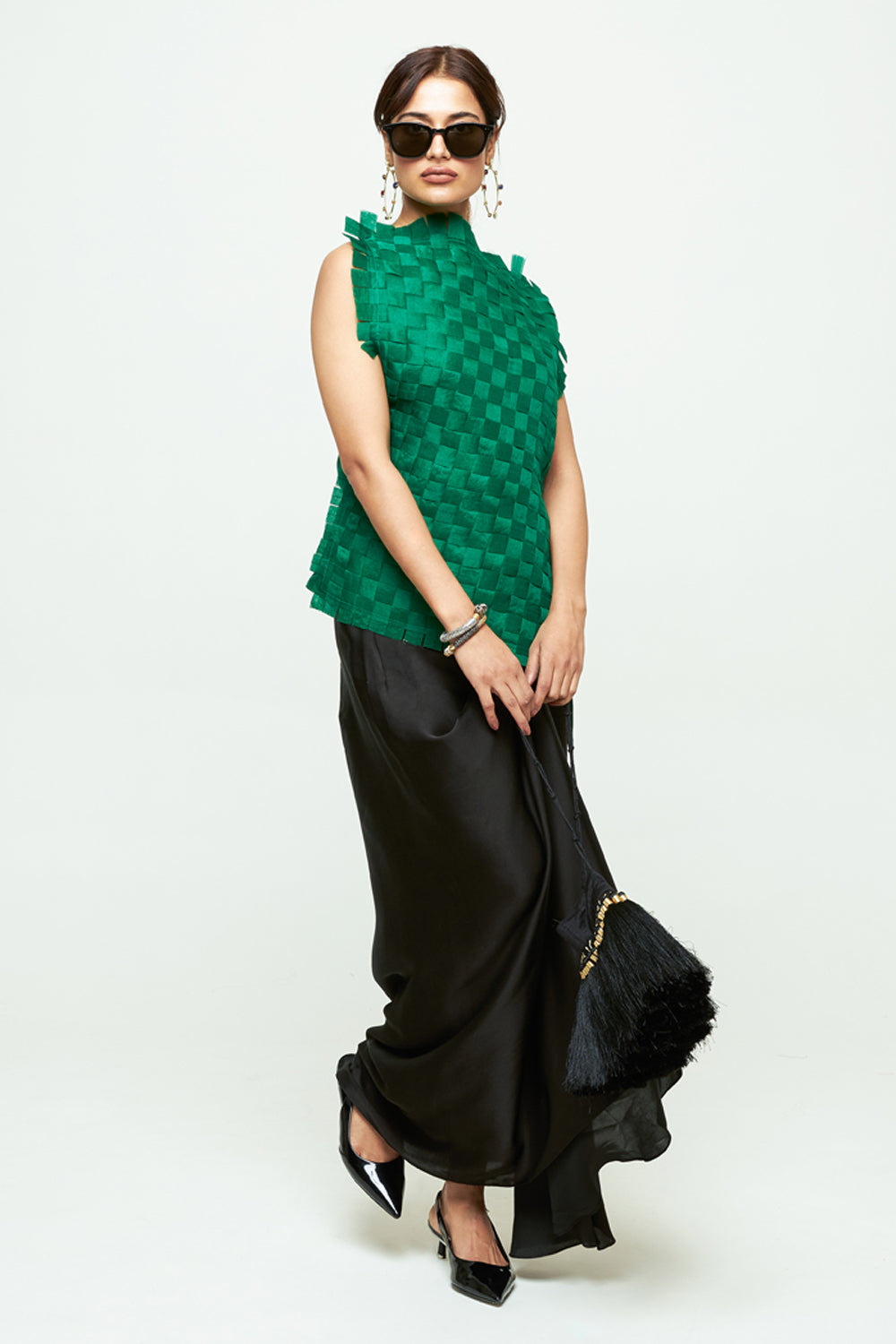 Isa Green Asymmetrical Textured Top Skirt Set