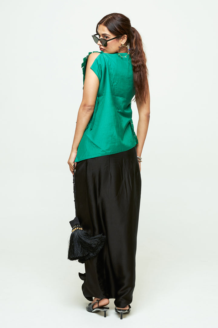Isa Green Asymmetrical Textured Top Skirt Set